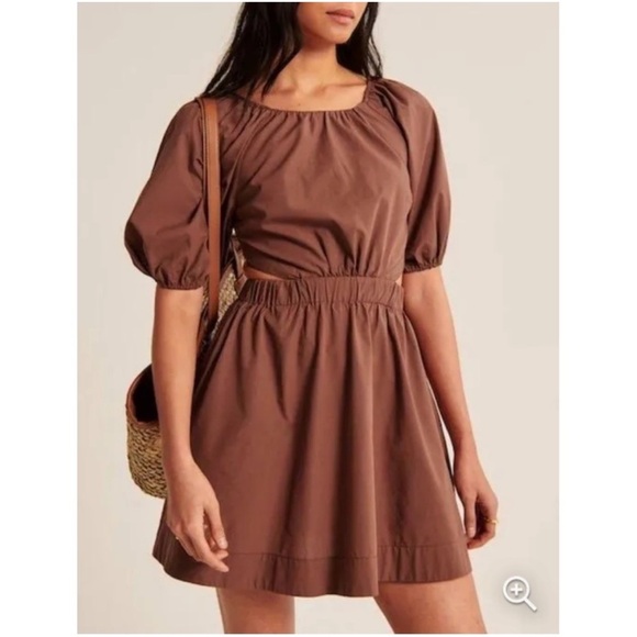 NWT!! Abercrombie Backless Puff Sleeve Mini Dress Brown Size Large - Picture 1 of 4